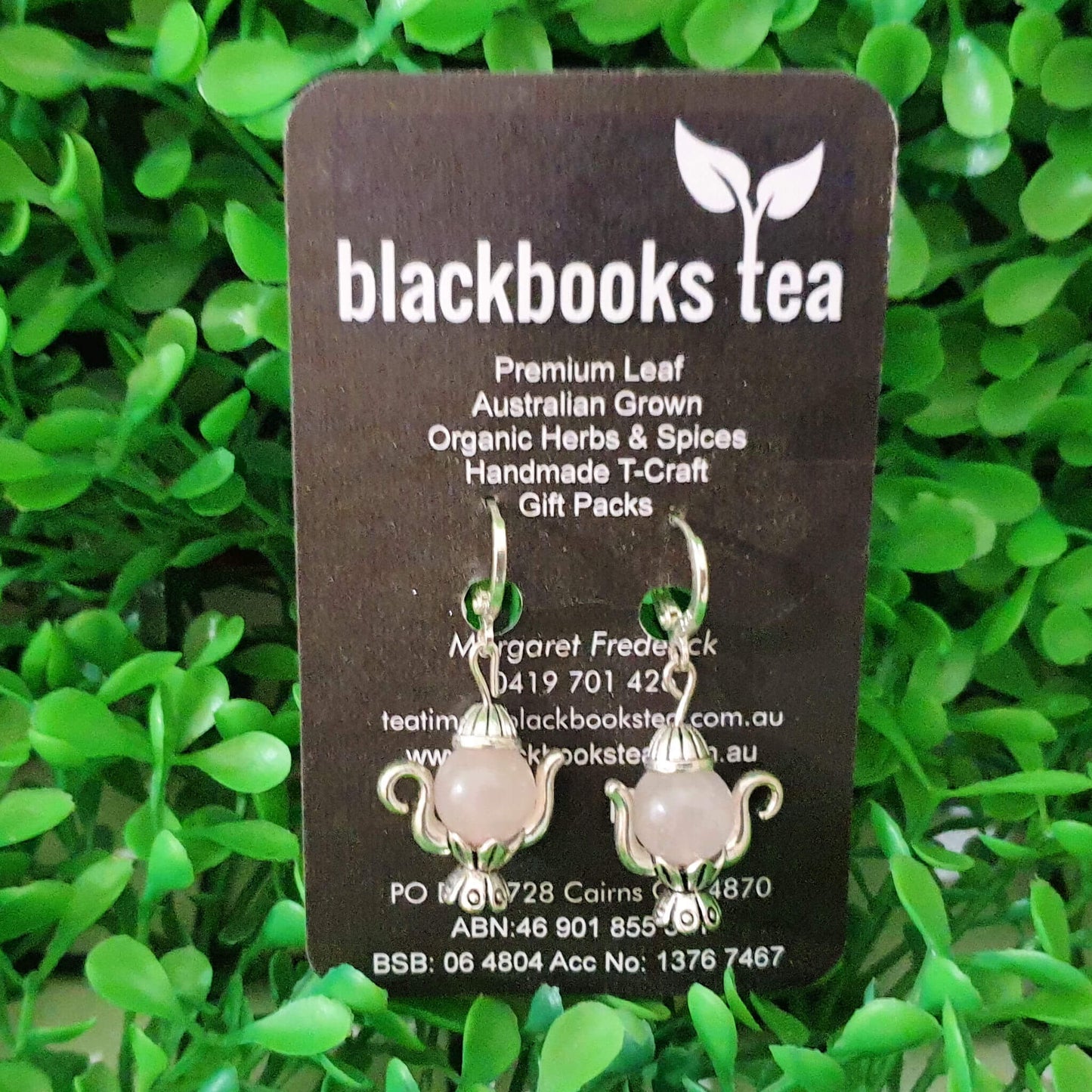 Tiny Teapot Earrings with rose quartz beads and stainless steel earwires