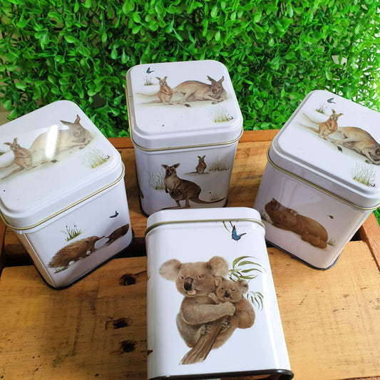 Australian Animals Tea Tins with Kangaroo and Koala and Wombat 70mm x 70mm x 95mm