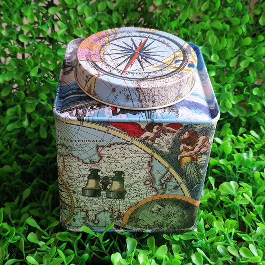 Tea Tin Caddy with Old World Map, Compass 