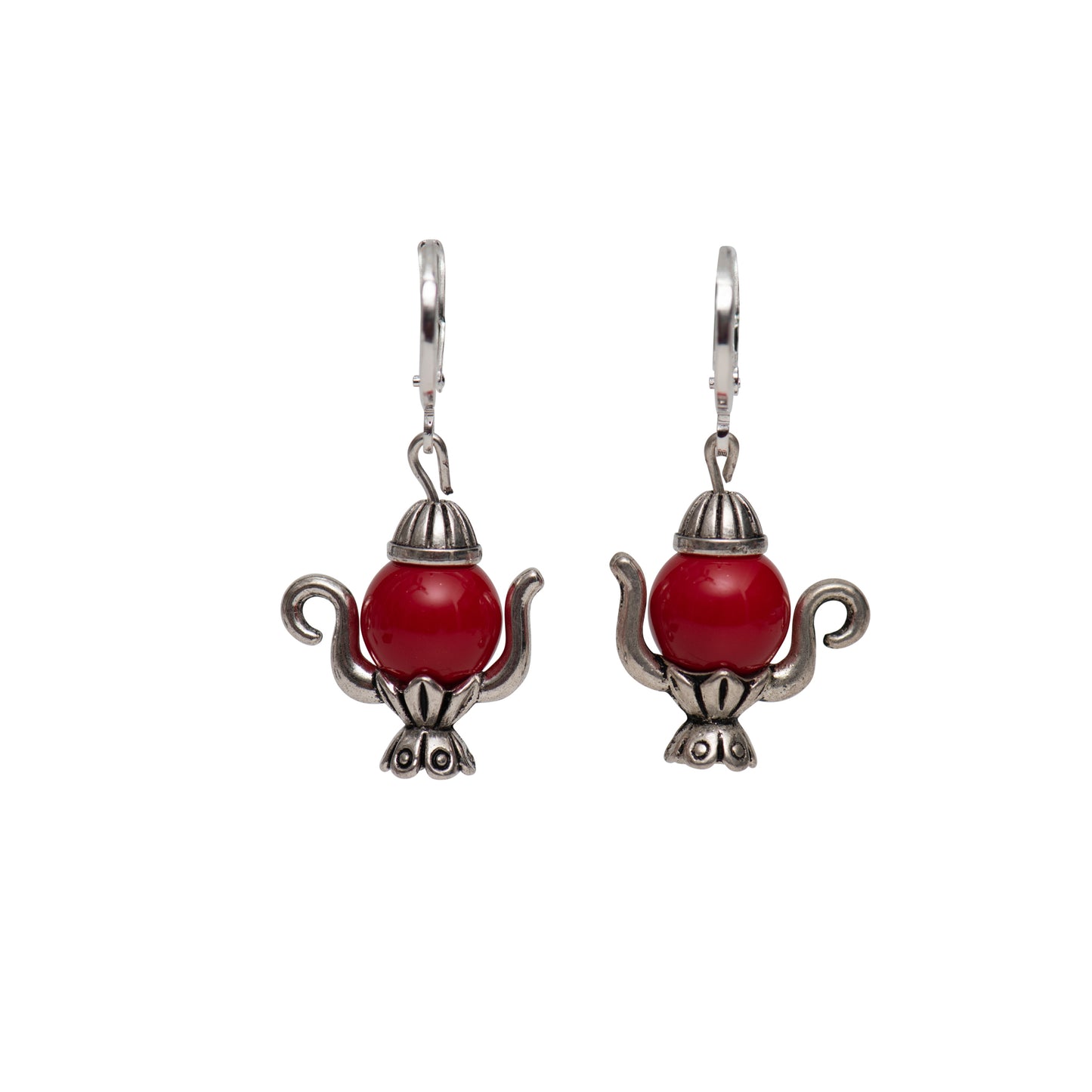 teapot earrings with red beads and sterling silver earwires