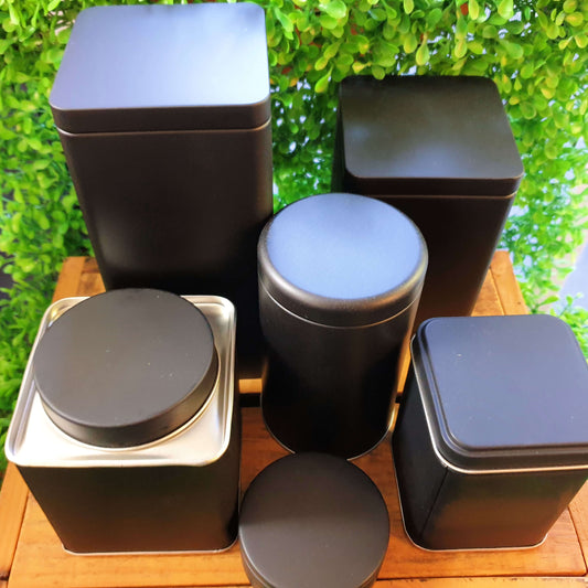 Matte Black Tea tins, round and square, plug lid and caddy