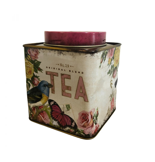 Nostalgia Tea Caddy with bird, butterfly and flowers with dusky pink lid