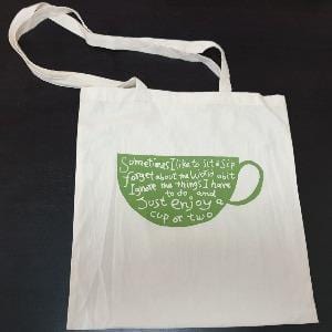 Calico Tote Bag with Quote of Sit and Sip in green