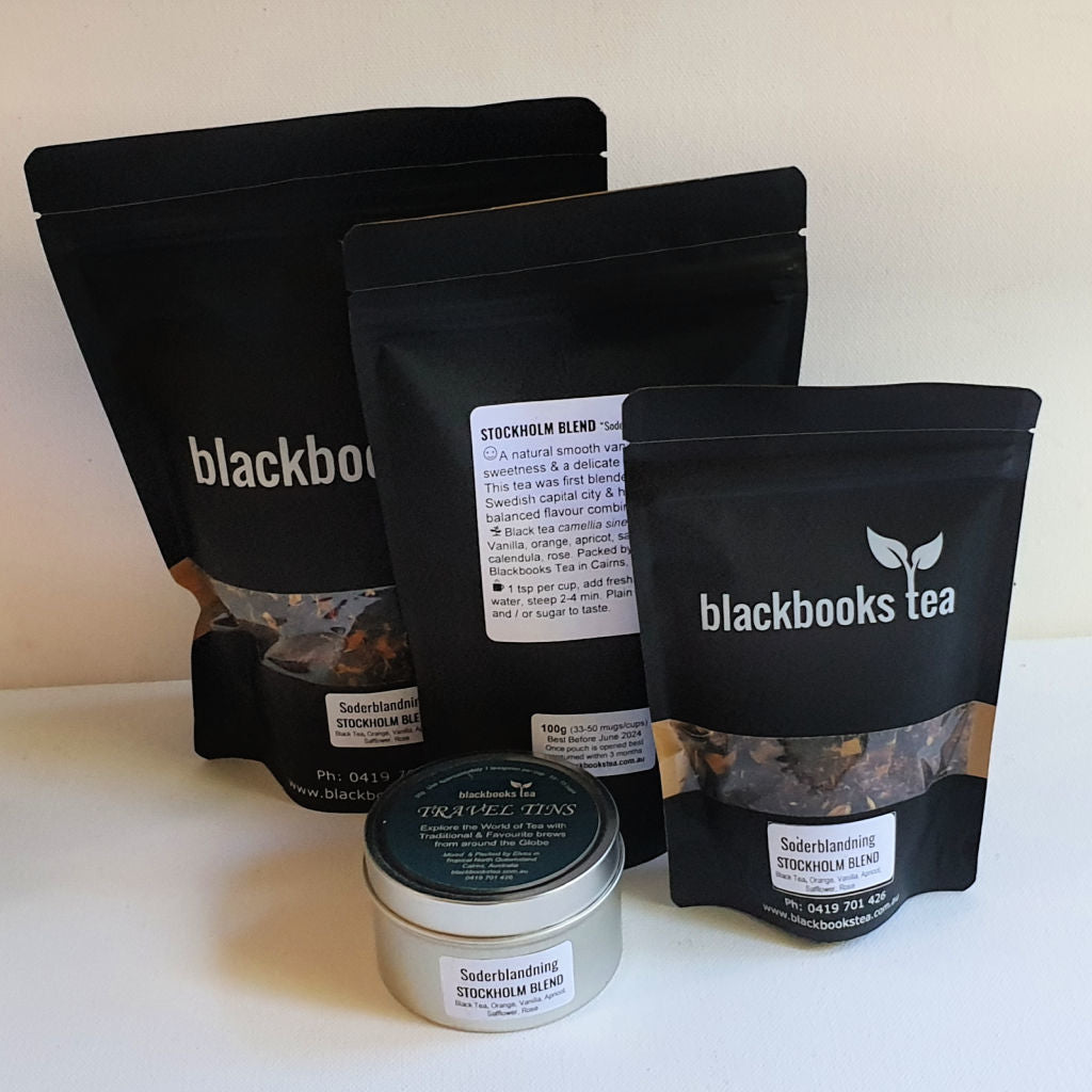 Stockholm Blend Swedish Soderblandning Tea in black pouches and tin