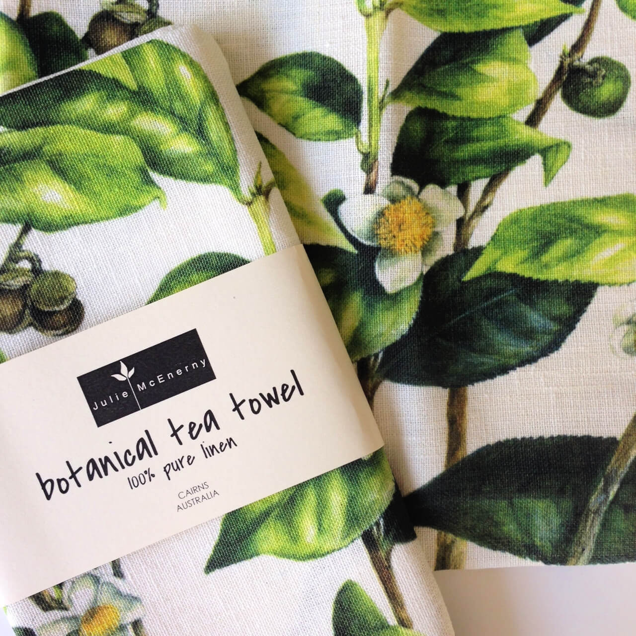 100% Pure Linen Tea Towel with Botanical Print Artwork of Tea Plant Camellia sinensis